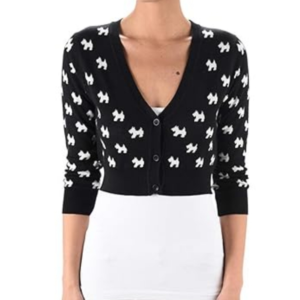 YEMAK black and white cropped Scottie‎ dog button up cardigan sweater L